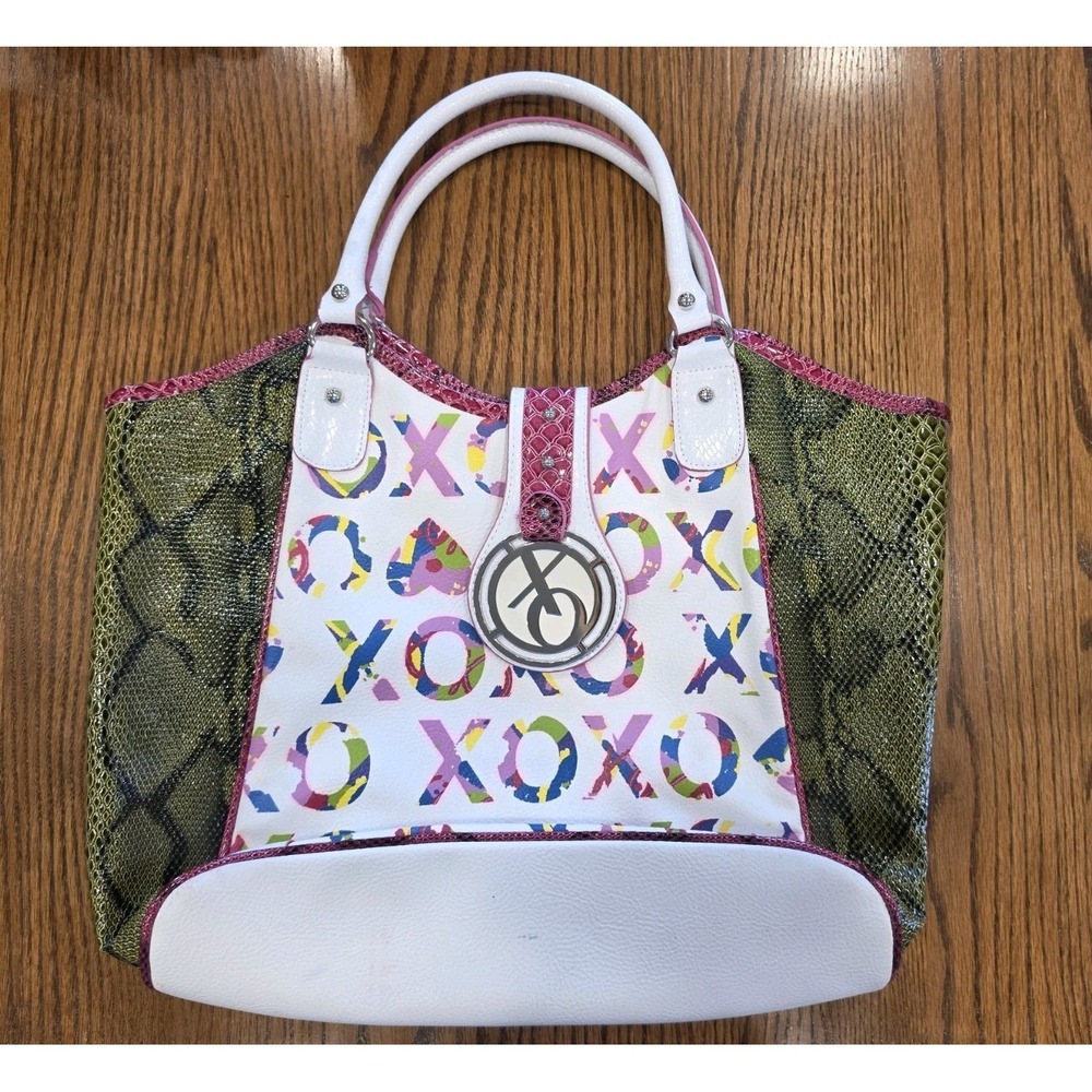 XOXO Multicolor Logo Tote Handbag Faux Snakeskin‎ Trim Y2K Statement Purse